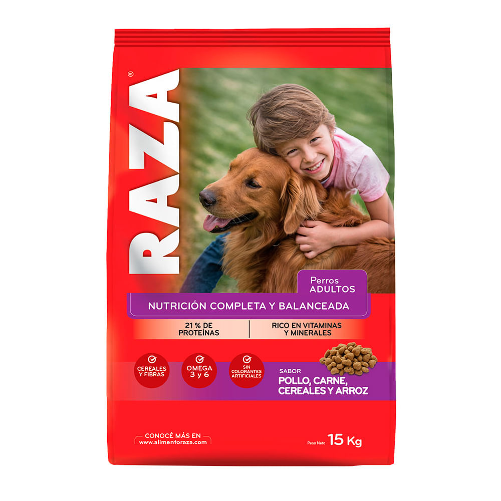 Alimento seco para perro Raza 15 kg. adultos pollo, carne, cereales y arroz