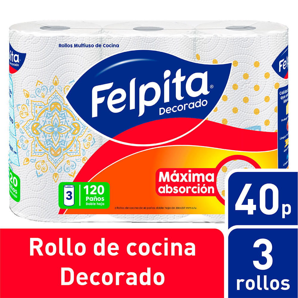 Rollo De Cocina Decorado Felpita Doble Hoja 40 Paños 3 U