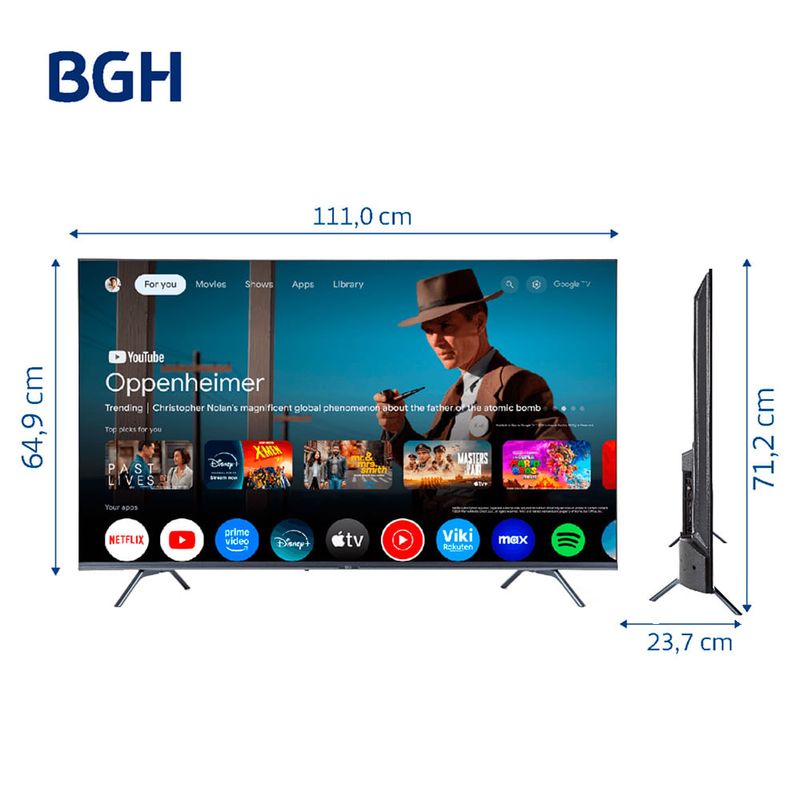Smart TV BGH 50" 4K UHD B5024US6G Google TV - Vista lateral con medidas - Masonline ChangoMás